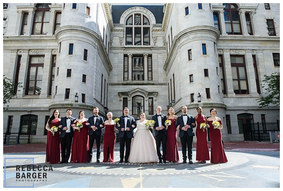 bridal party city hall philly, red bridal party